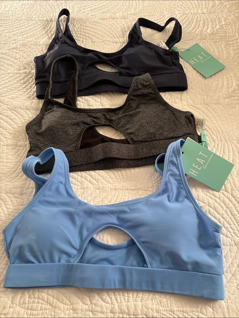HEAT Swim Women's Cutout Sports Bra — Light Blue, Charcoal & Navy all 3